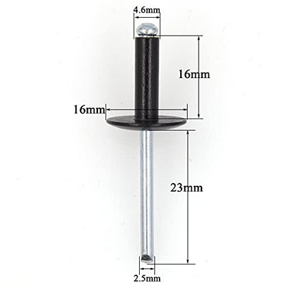 Alloypro 60pcs Black Large Flange Blind Rivets, Aluminum,Flange Diameter 5/8" (16 mm),Pop Rivets Assortment Kit Blind Rivet,3/16" x 5/8",Grip Range(8-12mm) - size: Black 4.8*16mm