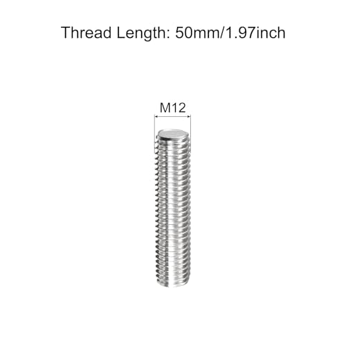 TOP-VIGOR 5Pcs M12-1.75 x 50mm Length Fully Threaded Rod, 304 Stainless Steel Right Hand Threaded Rods, Fully Studding Rod Bar for Anchor Bolts, Clamps, Hangers and U-Bolts - size: M12x50mm, 5pc