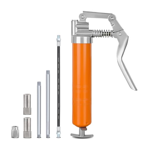 GOOACC Mini Grease Gun 6000 PSI 4oz Grease Gun Kit with 12" Flex Hose Extension Adapter Normal Coupler Rigid Pipe Small Pistol Grip Grease Guns for Automotive Farm Industrial Marine Equipment, Orange - size: Manual mini4oz Orange 7PCS