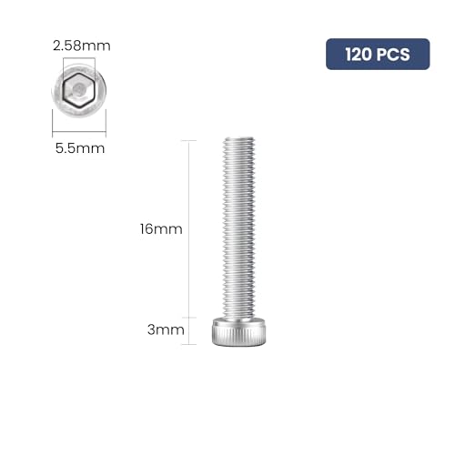 120pcs M3 x 16mm Hex Socket Head Cap Screws Bolts, 304 Stainless Steel 18-8, Allen Socket Drive,Bright Finish, Full Threads,with Hex Spanner - size: M3 x 16mm