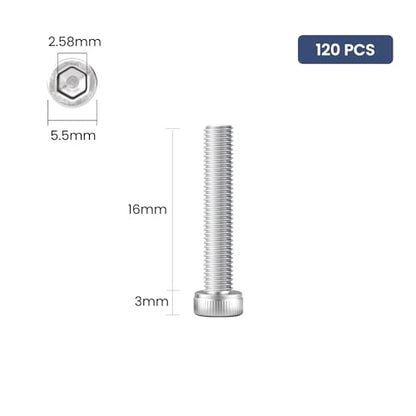 120pcs M3 x 16mm Hex Socket Head Cap Screws Bolts, 304 Stainless Steel 18-8, Allen Socket Drive,Bright Finish, Full Threads,with Hex Spanner - size: M3 x 16mm