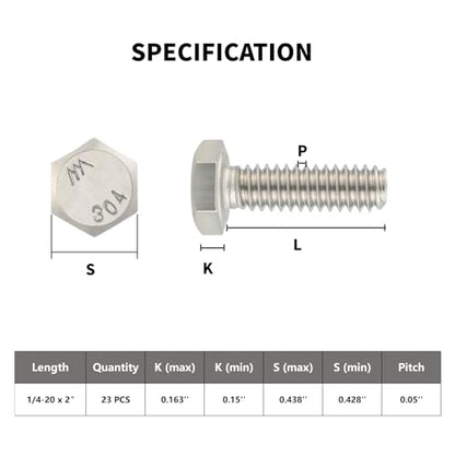 VGBUY 23Pcs 1/4-20 x 2 Hex Head Screws Bolts,304 Stainless Steel 18-8,Fully Threaded,External Hex Drive,Mounting Chair,Rail,Pump,Wheels,Handles,Antenna Parts,Boat and Plastic Bumpers(VG10208) - size: 2", style: 1/4-20"