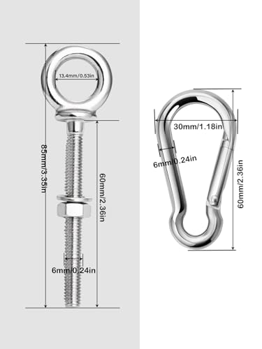 5 Pack M6 Eye Bolt, Eye Bolts with Nuts & Washers & Carabiners, 316 Stainless Steel Eye Bolt Heavy Duty, Marine Grade Threaded Eyebolts.