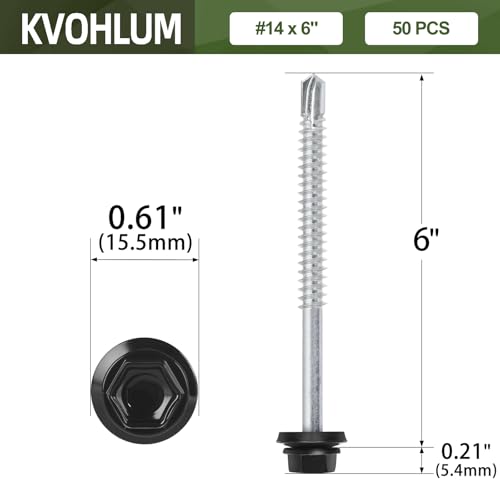#14 x 6 (50 PCS) Black Metal Roofing Screws with Rubber Washer, Hex Head Self Tapping Screws for Metal, Self Drilling Sheet Metal Screw - size: #14 x 6"