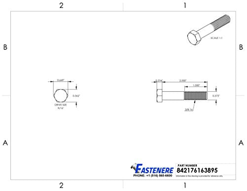 3/8-16 x 2 Hex Head Cap Screw Bolts, External Hex Drive, Stainless Steel 304, Partially Threaded, Stainless Steel, Quantity 10 By Fastenere - size: 3/8-16 x 2 Inch (10 Pack)