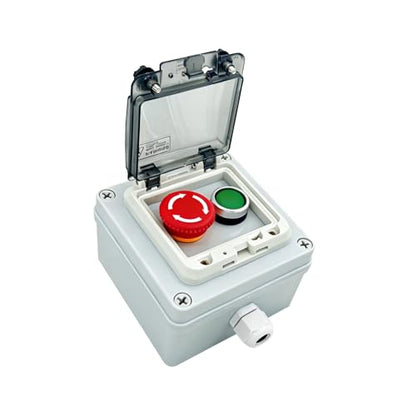 IP67 Waterproof Push Button Switch Box, Emergency Stop & Green Momentary Start/Stop Control Station with Anti-Misoperation Protective Cover, Outdoor Industrial Use, 1NO 1NC Contacts, 22mm - color: Green/emergency stop button switch box