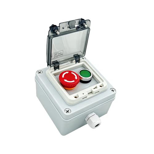 IP67 Waterproof Push Button Switch Box, Emergency Stop & Green Momentary Start/Stop Control Station with Anti-Misoperation Protective Cover, Outdoor Industrial Use, 1NO 1NC Contacts, 22mm - color: Green/emergency stop button switch box