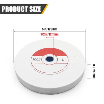 1 Piece Benchtop Grinding Wheel, 5 Inches, Suitable for Grinding Alloy Steel, Hardened Steel, High Carbon Steel and Other Metals. 100 Grit, 1/2" Mandrel Hole, 0.67" Thickness (White Corundum)