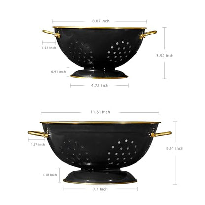 Metal Colander 2 Pack, 3.5 Quart Powder Coated Self-draining Solid Ring Base Metal Large Kitchen Pasta Vegetable Fruit Strainer with Handle (L-BLACK) - color: L-BLACK