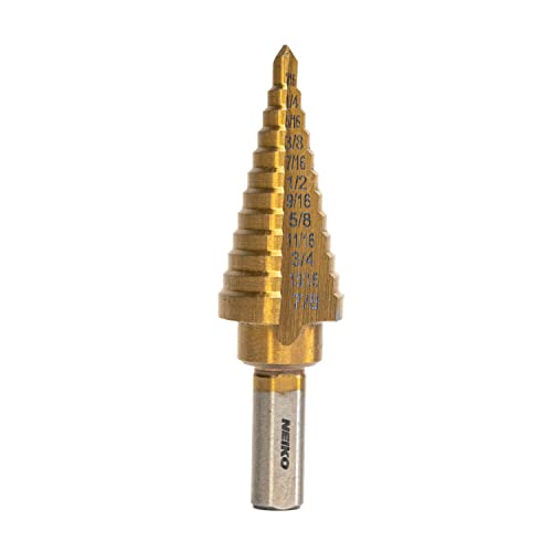 NEIKO 10185A Step Drill Bit, 12 Steps 3/16” to 7/8” Straight High Speed Steel, Titanium Nitride Coated, 3/8” Tri Flat Step Bits for Steel, Metal, Wood, Plastic, Unibit Cone Drill Bits, Two Flute - size: #4 (3/16 - 7/8", 12S), style: Straight