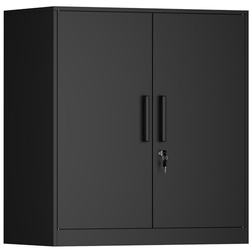 IRONFFICE Metal Wall Cabinet,Garage Cabinet with Handle,Lockable Storage Cabinets Wall Mounted with 2 Doors,Locking Cabinet with Shelves for Basement,Office,Living Home,Black - color: Black, size: 27.95"H / handle