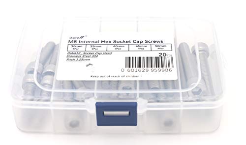 iexcell 20 Pcs M8 x 30/35/40/45/50 mm Stainless Steel 304 Hex Socket Head Cap Screws Bolts Assortment, Fully Threaded - size: M8 x 30/35/40/45/50 mm