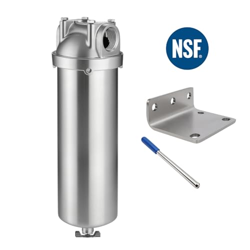 NSF/ANSI 42 Stainless Steel Whole House Water Filter Housing, 10" x 2.5" Sediment Water Filter System for Heavy Duty, Well & City Water, 1" NPT Port, Drain Valve Style A (Wing) - size: 10" A Housing-1NPT