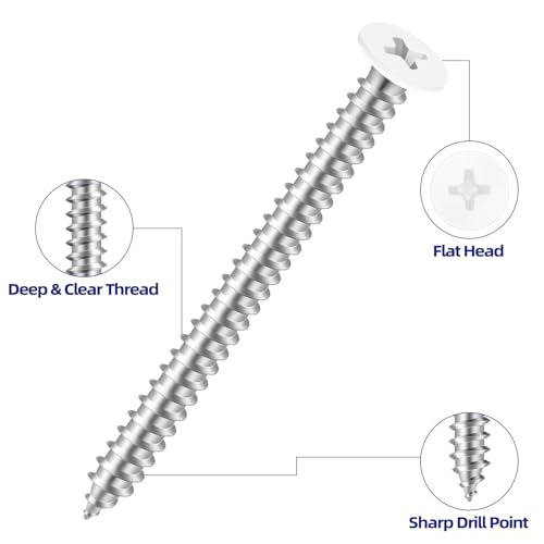 #4 x 3/4" Flat Head Self Tapping Screws, White Head Wood Screw, 304 Stainless Steel 18-8, Screwdriver Bit Included, 200 PCS - color: White, size: #4 x 3/4"