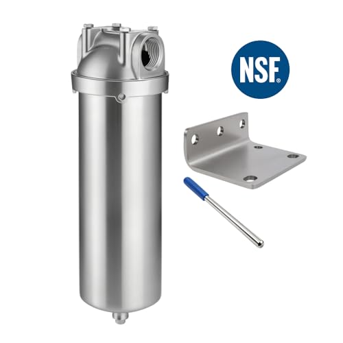 NSF/ANSI 42 Stainless Steel Whole House Water Filter Housing, 10" x 2.5" Sediment Water Filter System for Heavy Duty, Well & City Water, 1/2" NPT Port, Drain Valve Style C(Square Head) - size: 10" C Housing-1/2NPT