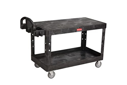 Rubbermaid Commercial Products 2-Shelf Utility/Service Cart, Large, Black, Flat Shelves, Ergonomic Handle, for Warehouse/Garage/Cleaning/Manufacturing - size: Large 2-Shelf, style: Ergonomic Handle