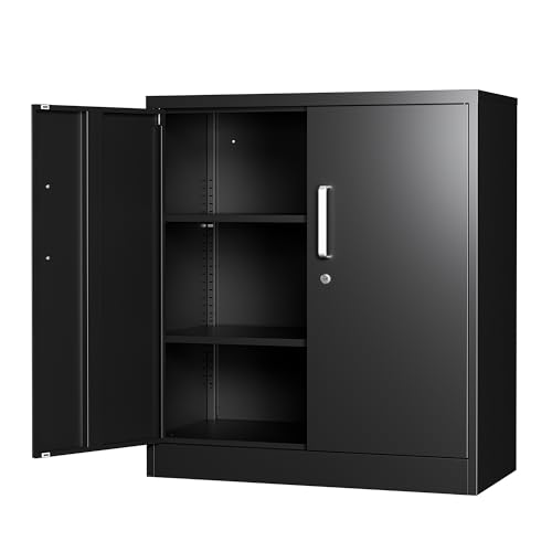 Metal Storage Cabinet with Locking Doors, 35.4" Steel Locker Organizer with Adjustable Shelves, Garage Utility Cabinet for Home, Office, Shop, and School - color: Black, size: 35.4"H x 31.5"W x 15.7"D