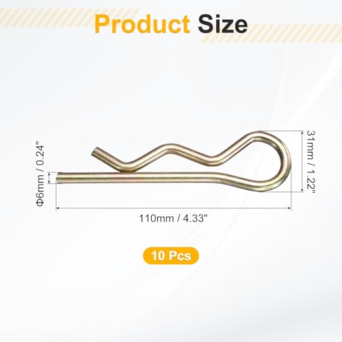 uxcell 10Pcs Hitch Pin Clip, 6x110mm Zinc-Plated Spring Steel Retaining R Clip Retaining Wire Hair Pins Cotter Pin Assortment Kit Clips for Trailer Tractors Mower Carts Truck, Gold - size: 6x110mm