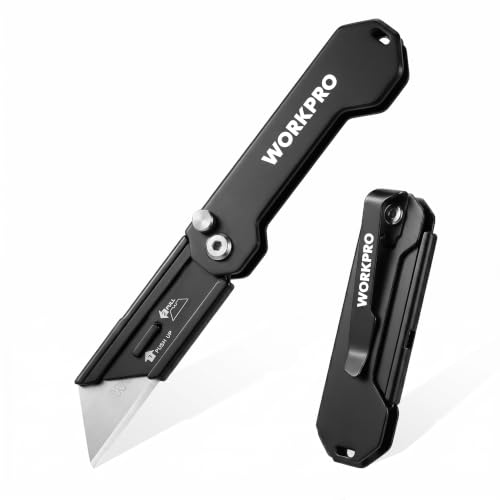 WORKPRO EDC Folding Utility Knife, Mini Box Cutter with Quick Open Axis Lock, Quick Change Blade Razor Knife, Foldable Small Pocket Knife with Belt Clip - color: Black