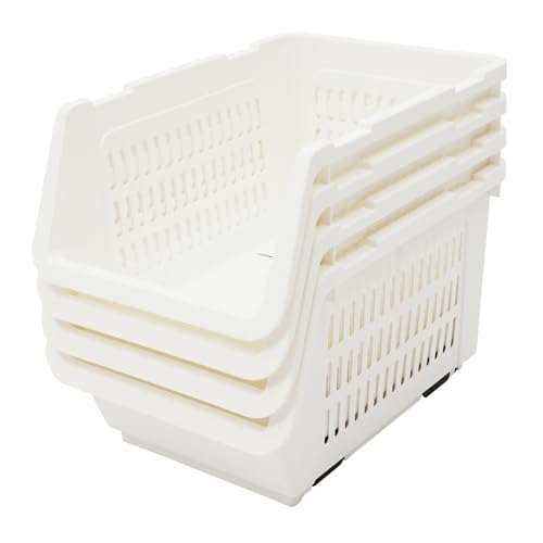 4 Pcs Open Front Stackable Storage Bins, PP Stacking Organizer Baskets with Rolling Wheels, Telescopic Buckles, Nestable, 38.58lbs Load (White) - color: White