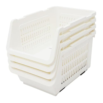 4 Pcs Open Front Stackable Storage Bins, PP Stacking Organizer Baskets with Rolling Wheels, Telescopic Buckles, Nestable, 38.58lbs Load (White) - color: White