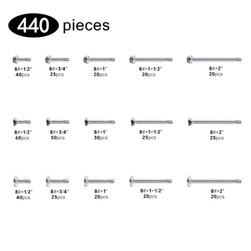 440 Pcs 410 Stainless Steel Sheet Metal Self-Tapping Screws Combination Set with Flat Head, Large Flat Head and Hexagon Head Screws 8# Length 1/2” to 2”（Silver）