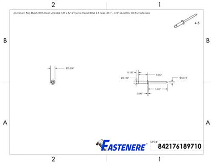 Fastenere Pop Rivets 1/8" x 5/16" (100 pcs) Aluminum Body Steel Mandrel, Heavy Duty, Open End, Low Carbon, Dome Head Blind Rivets, Corrosion Resistant & High Shear Strength, 4-5 Gap .251" - .312" - size: 1/8" x 5/16" (4-5) (100 Pack)