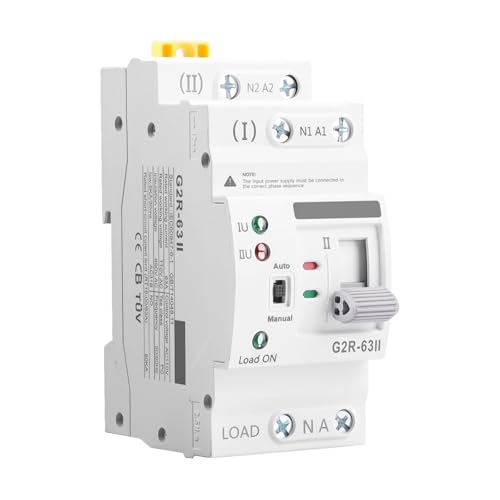 Mini ATS AC Automatic/Manual Transfer Switch 2P 63A 220V, ATS Manual Transfer Switches for Uninterruptible Power Supply Home,Dual Power Electrical Selector Switch DIN Rail Mount (G2R 2P 63A AC220V) - style: ATS G2R 2P 63A AC220V