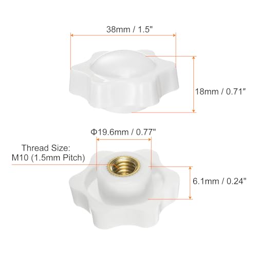 HARFINGTON 6pcs Star Knobs M10 Female Thread 38mm 6-Point Plastic Head Brass Insert Non-Through Hole Screw-in Threaded Hand Knob Clamping Handle, White - color: White, size: M10 x 38mm