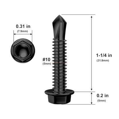 Wensilon (200Pcs)#10×1-1/4" Black Hex Washer Head Self Drilling Screws, 410 Stainless Steel Metal SheetScrews，TEK Screws, Sheet Metal Self Tapping Screws - color: Black, size: #10x1-1/4"