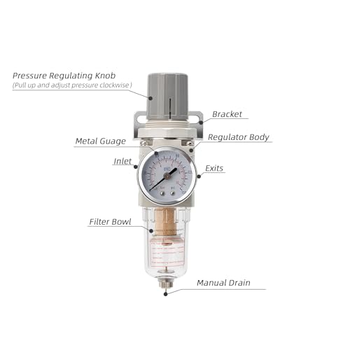Pneumatic Air Compressor Filter Regulator Combo 1/4" NPT 150 PSI w/Adjustable Gauge-Water Separator,Metal Bracket,Manual Drain,5 Micron Brass Cartridge - size: 1/4NPT