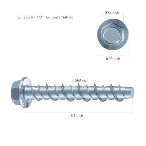 Wensilon 1/2" x 3" Zinc Plated Large Diameter Concrete Screw Actual Thickness 9/16"(14mm) for Anchoring to Masonry, Brick or Block (30 pcs) - color: White, size: 1/2 x 3"