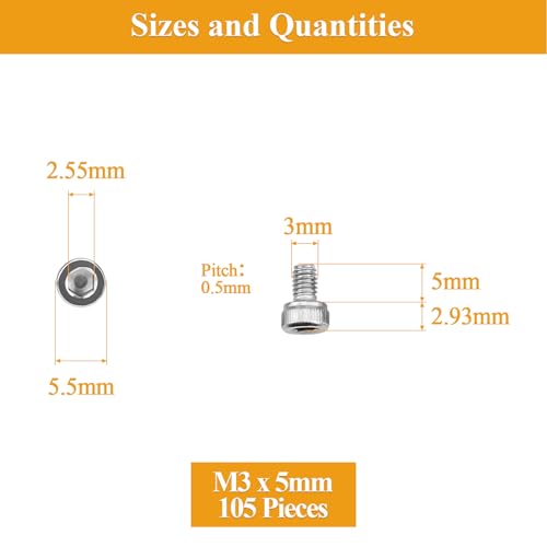 105 Pieces M3 x 5mm Socket Head Cap Screws, Thread Pitch 0.5mm, Sutemribor M3 Screws, 304 Stainless Steel, Fully Threaded, Silver - size: M3 x 5mm, style: Socket Head