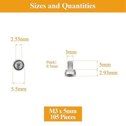 105 Pieces M3 x 5mm Socket Head Cap Screws, Thread Pitch 0.5mm, Sutemribor M3 Screws, 304 Stainless Steel, Fully Threaded, Silver - size: M3 x 5mm, style: Socket Head