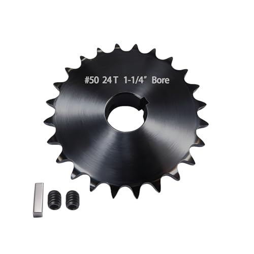 #50 Roller Chain Sprocket 24 Tooth 1-1/4" Bore (1/4" Keyway) Black Oxide with 2 Set Screws & Key Included for Conveyor Farm Equipment Packaging Industrial Heavy Duty Drive, Hardened Steel 50BS24-1-1/4 - size: 1-1/4 inch, style: 24tooth