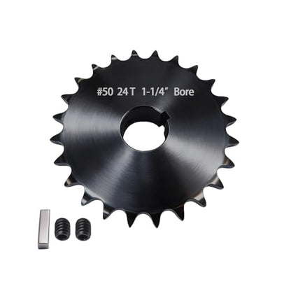 #50 Roller Chain Sprocket 24 Tooth 1-1/4" Bore (1/4" Keyway) Black Oxide with 2 Set Screws & Key Included for Conveyor Farm Equipment Packaging Industrial Heavy Duty Drive, Hardened Steel 50BS24-1-1/4 - size: 1-1/4 inch, style: 24tooth