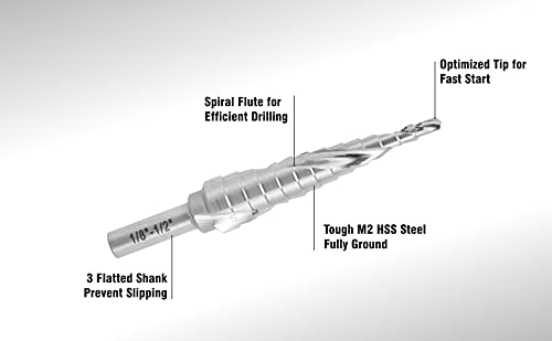 Industrial HSS Step Drill Bit 1/8'' to 1/2'' with 1/4'' Shank, Unibit Double Spiral Flute with 13 Step Size for Metal, Stainless Steel, Aluminum, Plastic - size: 1/8''-1/2''
