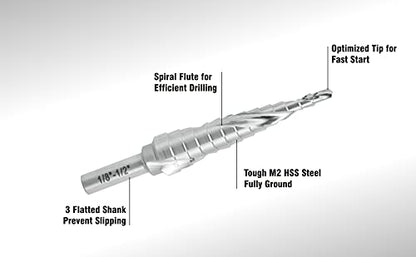 Industrial HSS Step Drill Bit 1/8'' to 1/2'' with 1/4'' Shank, Unibit Double Spiral Flute with 13 Step Size for Metal, Stainless Steel, Aluminum, Plastic - size: 1/8''-1/2''