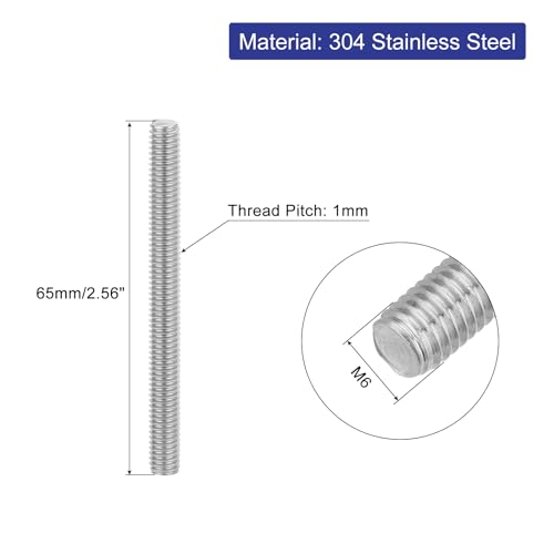 uxcell 8Pcs Fully Threaded Rod, M6 x 65mm 304 Stainless Steel Right Hand Thread Bar Studs M6-1 Thread Pitch for Furniture Machinery Assembly - size: M6 x 65mm