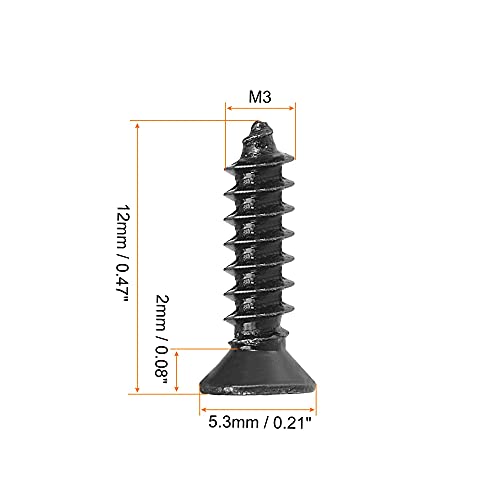 uxcell M3 x 12mm Wood Screws Phillips Flat Head Carbon Steel Self Tapping Screws Black 200pcs - size: M3 x 12mm