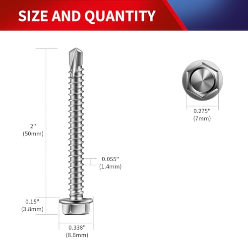 #8 x 2 Inch Self Drilling Screws (108Pcs) Hex Washer Head 410 Stainless Steel Self Tapping Screws for Metal Sheet Metal Screws with Hex Socket Included - color: Silver, size: #8 x 2"