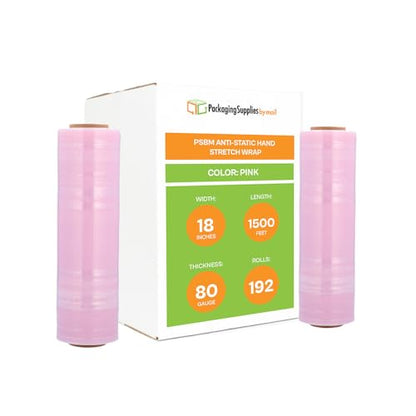 PSBM Anti-Static Stretch Wrap, 192 Pack, 18 Inch x 1500 Feet, 80 Gauge, Pink, Down Gauge Large Plastic Cling Film for Pallets Moving Storing - size: 192 Rolls