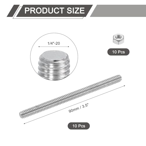 uxcell 1/4"-20 Fully All Threaded Rod, 10 Pcs 304 Stainless Steel Long Threaded Screw 3.5" Length Right Hand Threads for Furniture Mounting Assembly Fastening - size: 3.5"