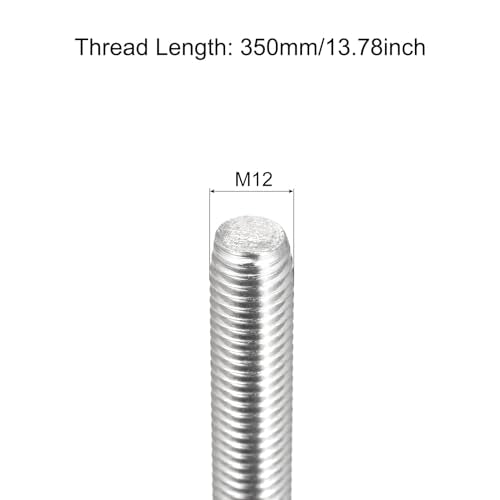 TOP-VIGOR 2Pcs M12-1.75 x 350mm Length Fully Threaded Rod, 304 Stainless Steel Right Hand Threaded Rods, Fully Studding Rod Bar for Anchor Bolts, Clamps, Hangers and U-Bolts - size: M12 x 350mm