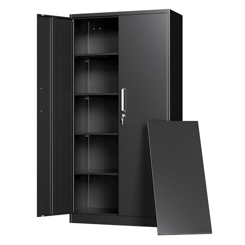 Metal Storage Cabinet with Locking Doors, 71" Tall Steel Locker Organizer with Adjustable Shelves, Garage Utility Cabinet for Home, Office, Shop, and School - color: Black, size: 71"H x 31.5"W x 15.7"D