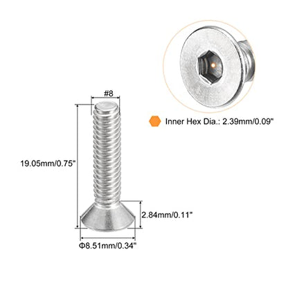 uxcell #8-32x3/4 Flat Countersunk Head Socket Cap Screws, 50Pcs 304 Stainless Steel Hex Socket Flat Head Screws, Full Thread, Countersunk Bolts - size: #8-32x3/4"