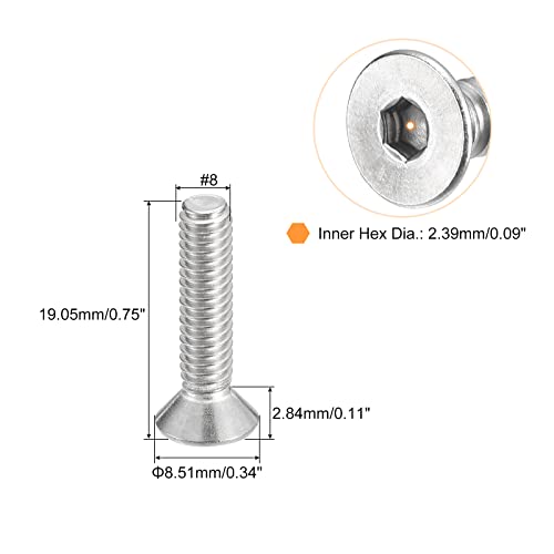 uxcell #8-32x3/4 Flat Countersunk Head Socket Cap Screws, 50Pcs 304 Stainless Steel Hex Socket Flat Head Screws, Full Thread, Countersunk Bolts - size: #8-32x3/4"