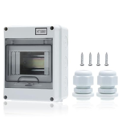 5 Way Distribution Protection Box,ABS/PC Alloy Plastic Transparent Cover Circuit Breaker Box IP66 Waterproof Distribution Box with DIN Rail and Waterproof Connector - size: HT-5