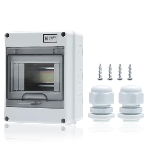 5 Way Distribution Protection Box,ABS/PC Alloy Plastic Transparent Cover Circuit Breaker Box IP66 Waterproof Distribution Box with DIN Rail and Waterproof Connector - size: HT-5