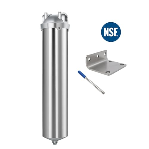 NSF/ANSI 42 Stainless Steel Whole House Water Filter Housing, 20" x 2.5" Sediment Water Filter System for Heavy Duty, Well & City Water, 1" NPT Port, Drain Valve Style C (Square Head) - size: 20" C Housing-1NPT